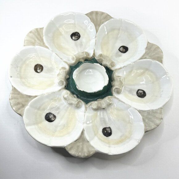 Antique European Majolica Oyster Plate Raised Well 9.5
